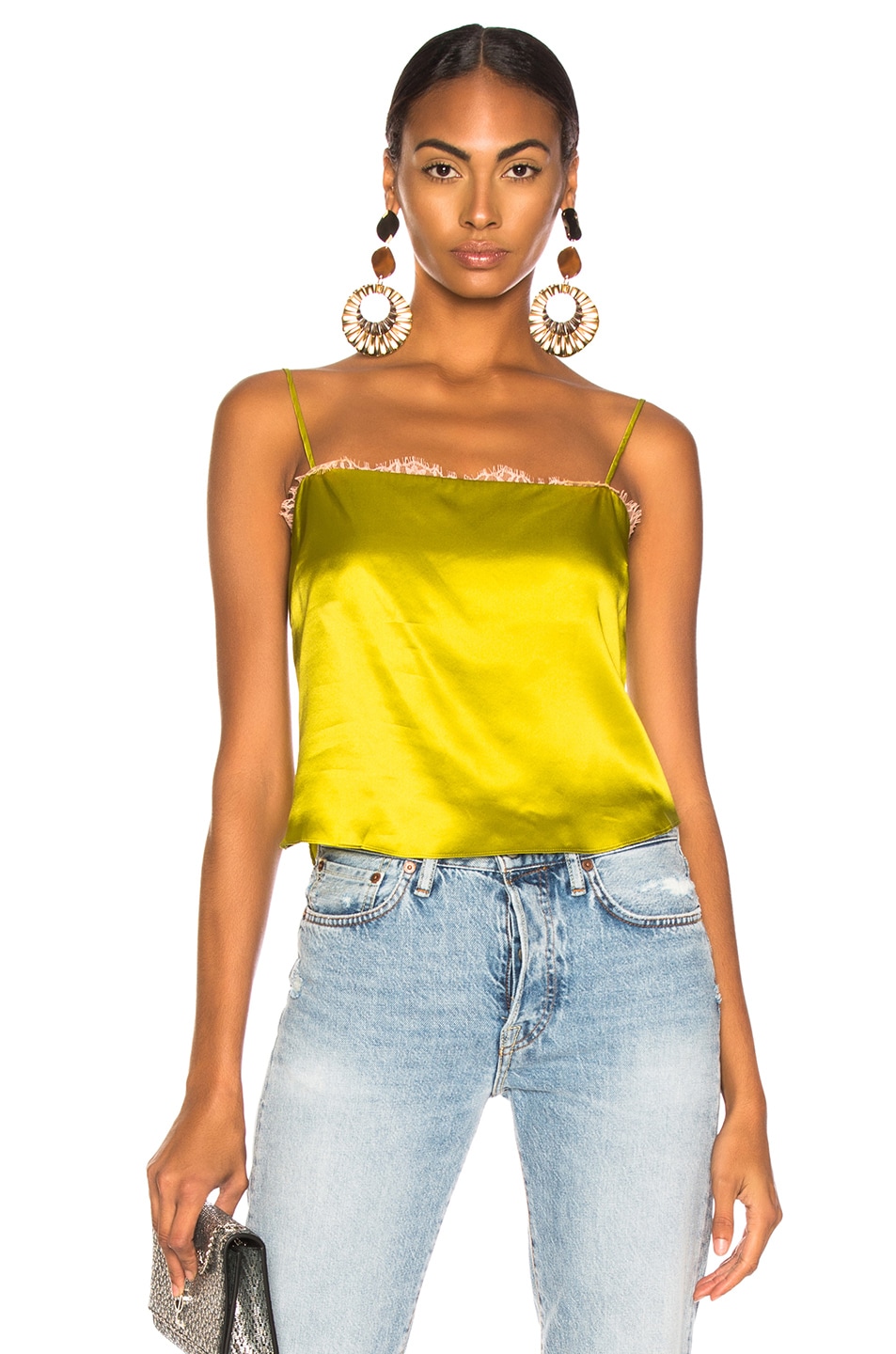 Image 1 of fleur du mal Straight Neck Cami With Lace Trim in Chartreuse