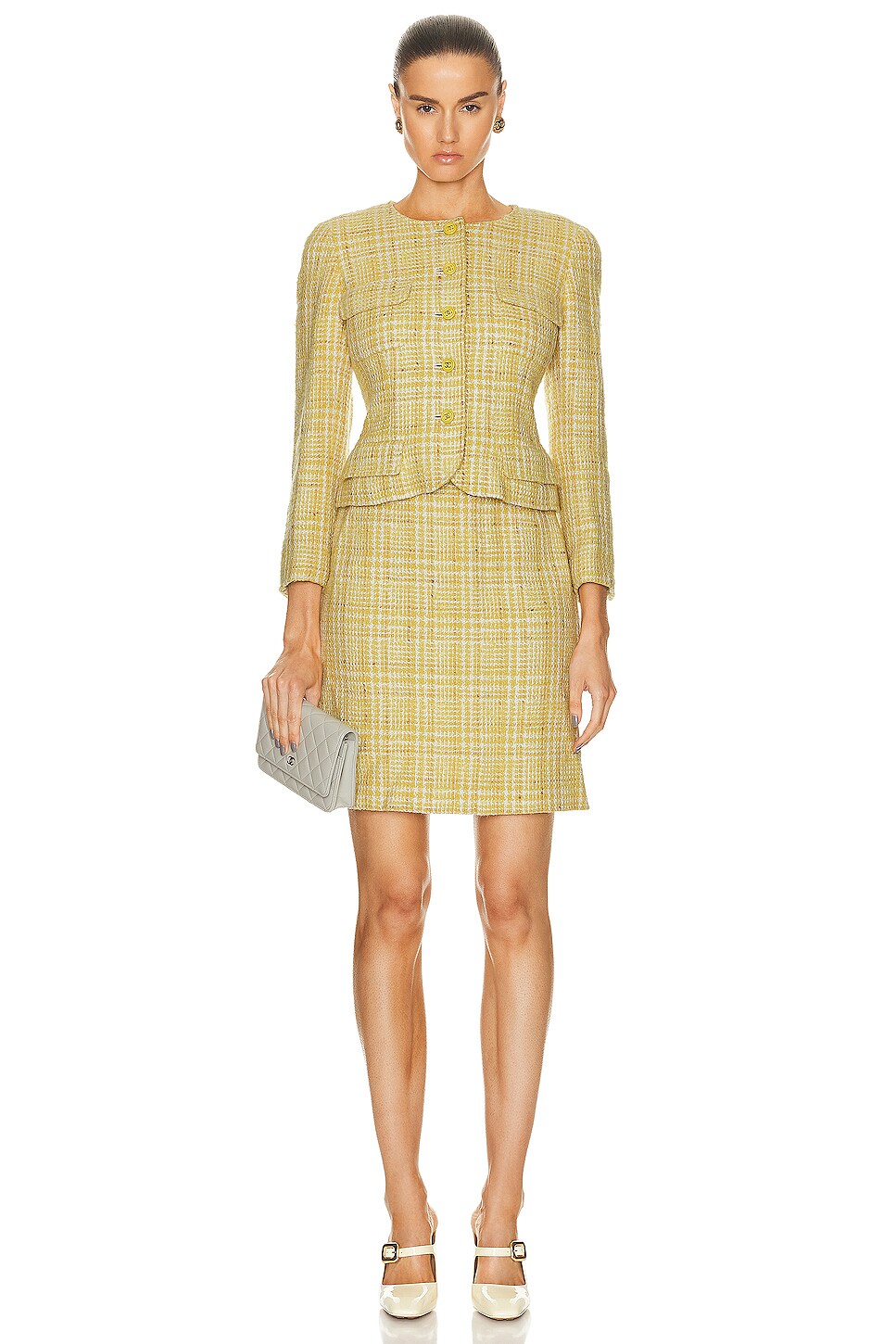 Image 1 of FWRD Renew Chanel 1997 Tweed Jacket & Skirt Set in Yellow