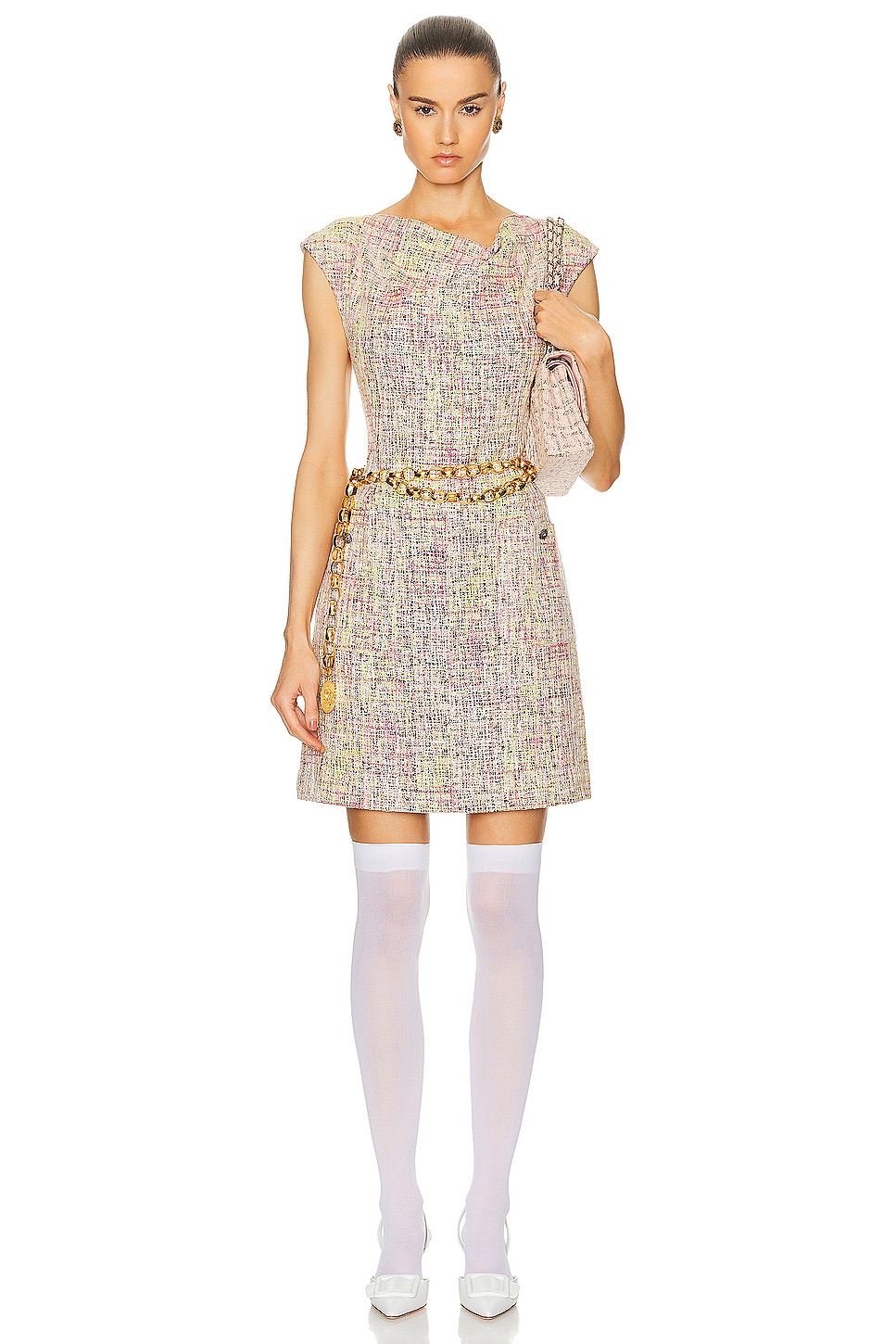 Image 1 of FWRD Renew Chanel Coco Button Tweed Dress in Multi