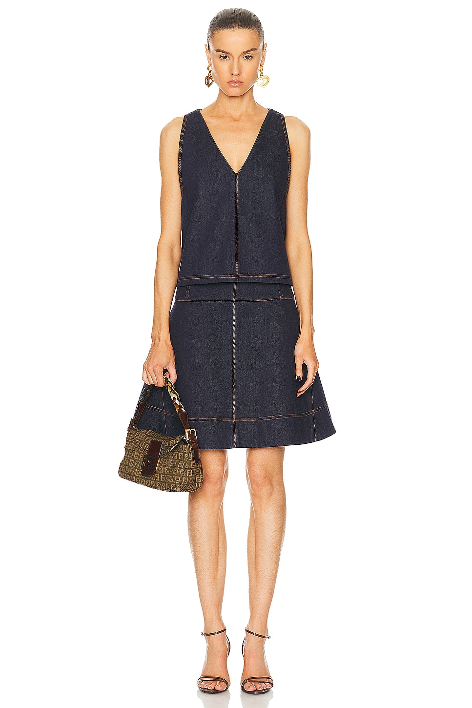 Image 1 of FWRD Renew Fendi Denim Dress & Vest Set in Dark Blue