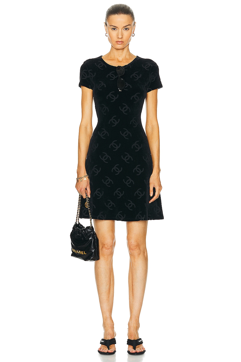 Image 1 of FWRD Renew Chanel Logo Velour Dress in Black