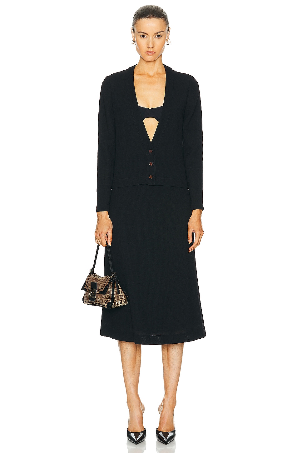 Image 1 of FWRD Renew Chanel Cardigan & Skirt Set in Black