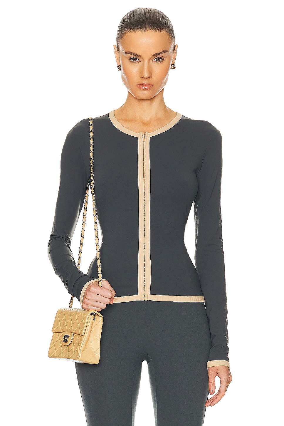 Image 1 of FWRD Renew Chanel Knit Zip Top in Charcoal