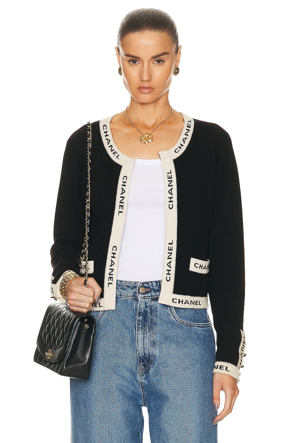 Image 1 of FWRD Renew Chanel 1995 Knit Cardigan in Black & White