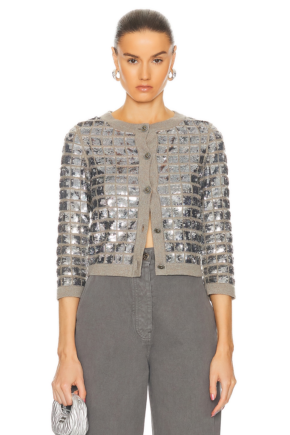 Image 1 of FWRD Renew Chanel Cashmere Sequin Cardigan in Silver