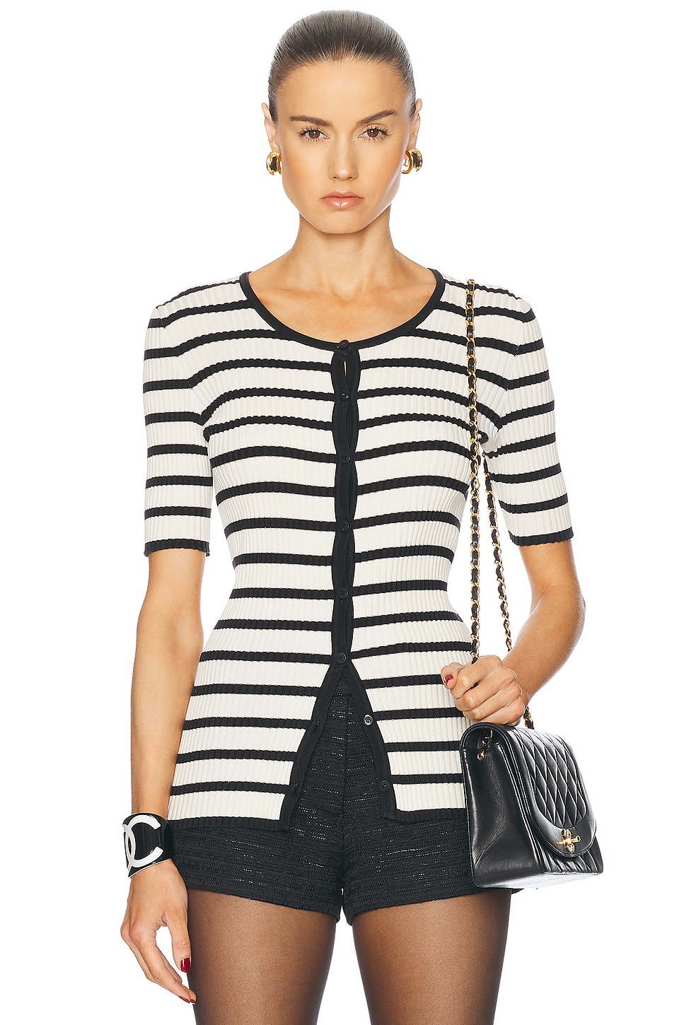 Image 1 of FWRD Renew Chanel 1998 Striped Cardigan in Black & White