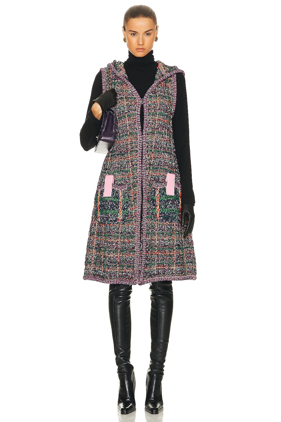 Image 1 of FWRD Renew Chanel Tweed Hooded Knit Cardigan in Multi