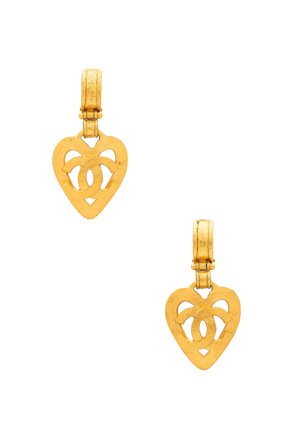 Image 1 of FWRD Renew Chanel Coco Mark Dangling Heart Clip On Earrings in Light Gold
