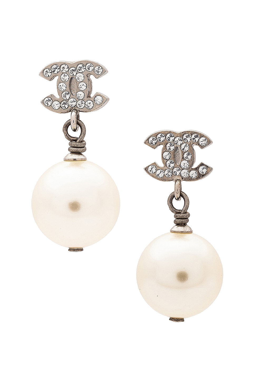 Image 1 of FWRD Renew Chanel Coco Mark Rhinestone Pearl Earrings in Silver