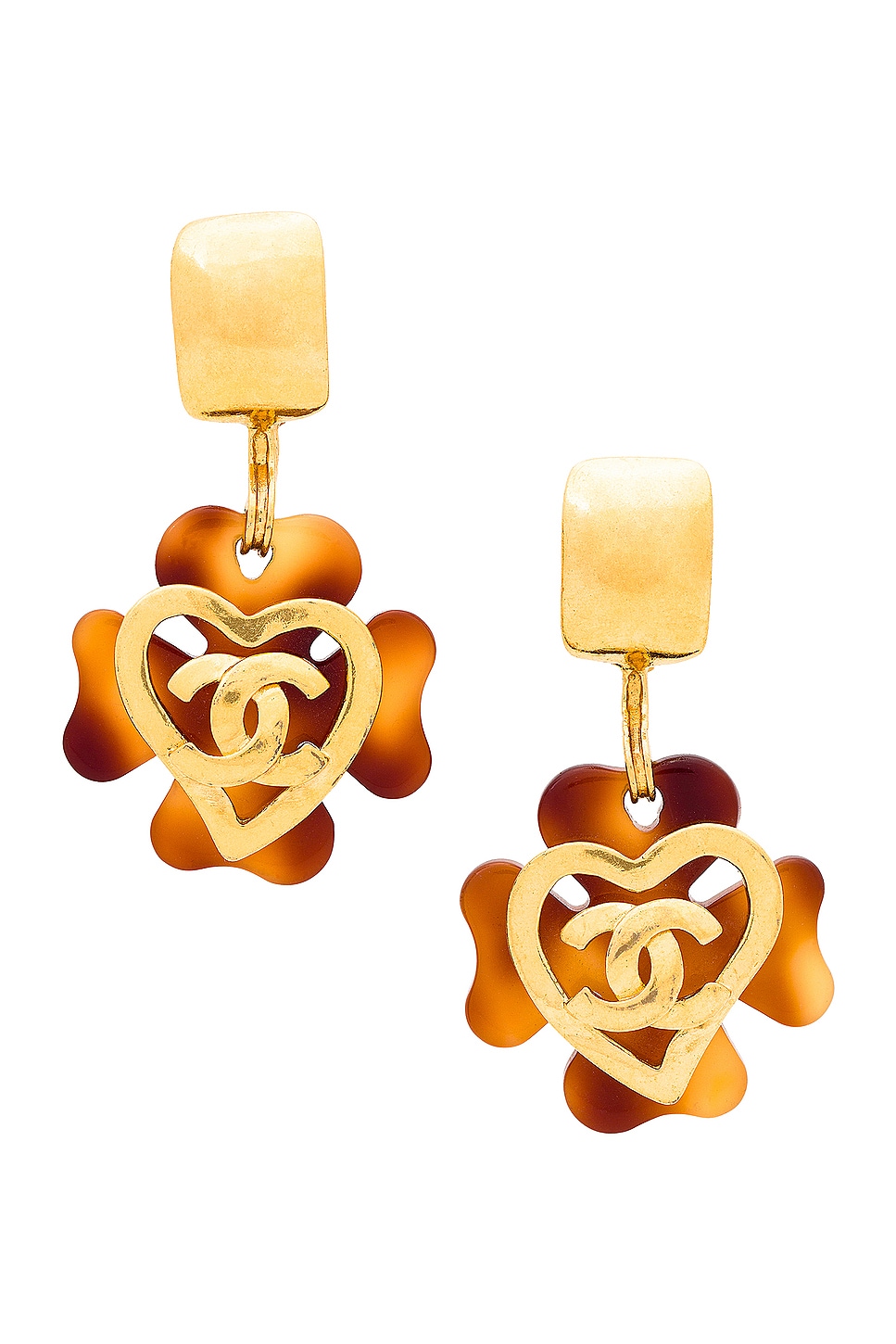 Image 1 of FWRD Renew Chanel Coco Mark Tortoiseshell Clover Swing Earrings in Gold