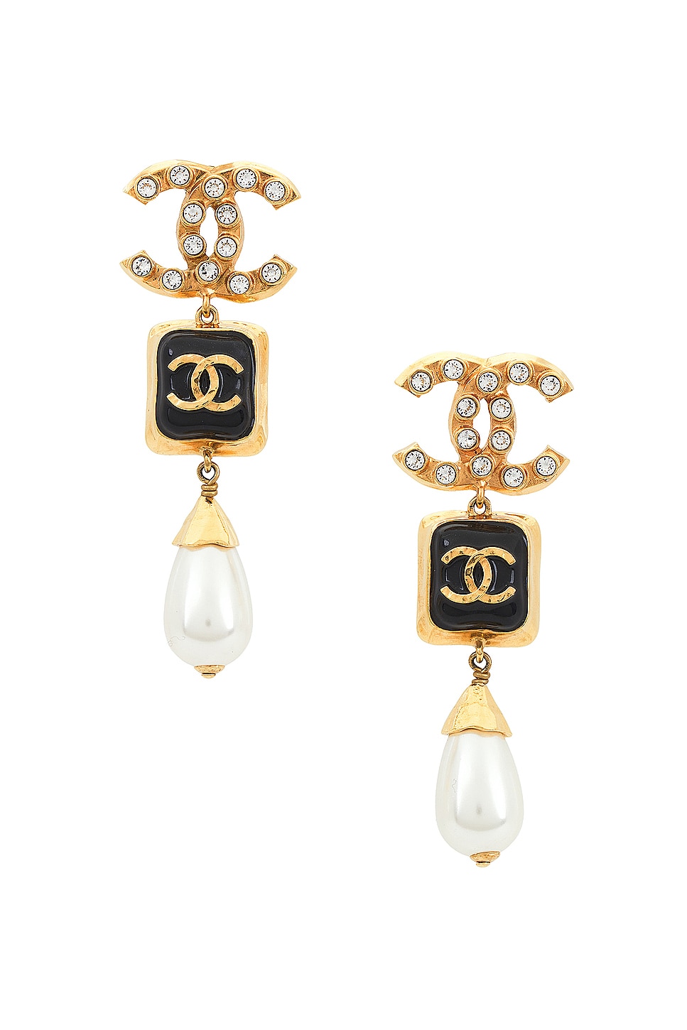 Image 1 of FWRD Renew Chanel Coco Mark Rhinestone Pearl Earrings in Gold
