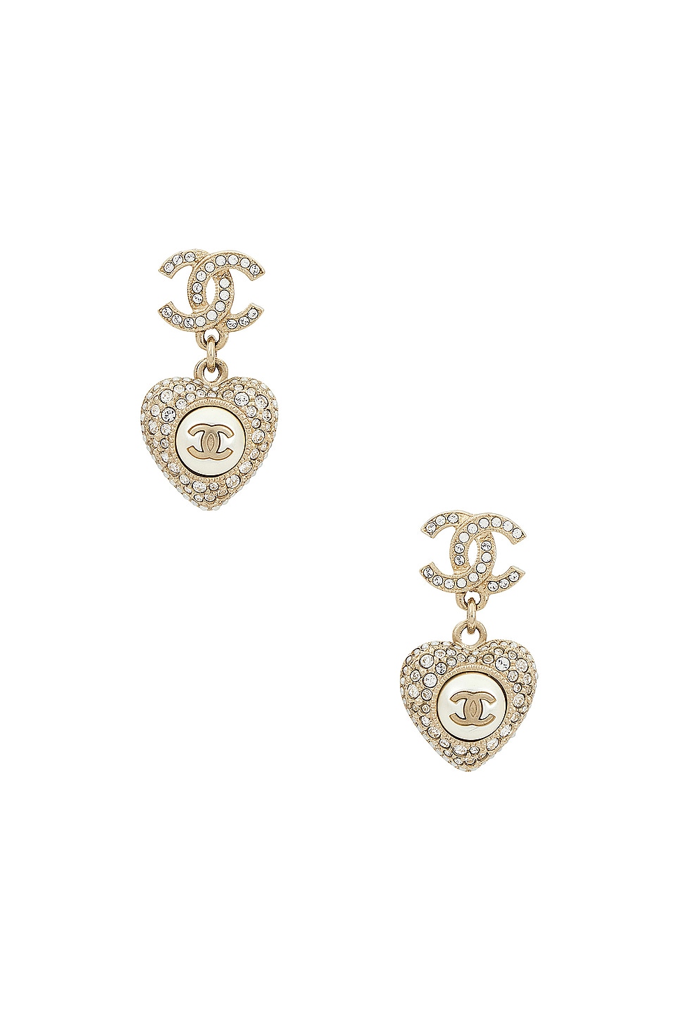 Image 1 of FWRD Renew Chanel Coco Mark Rhinestone Hearts Earrings in Light Gold