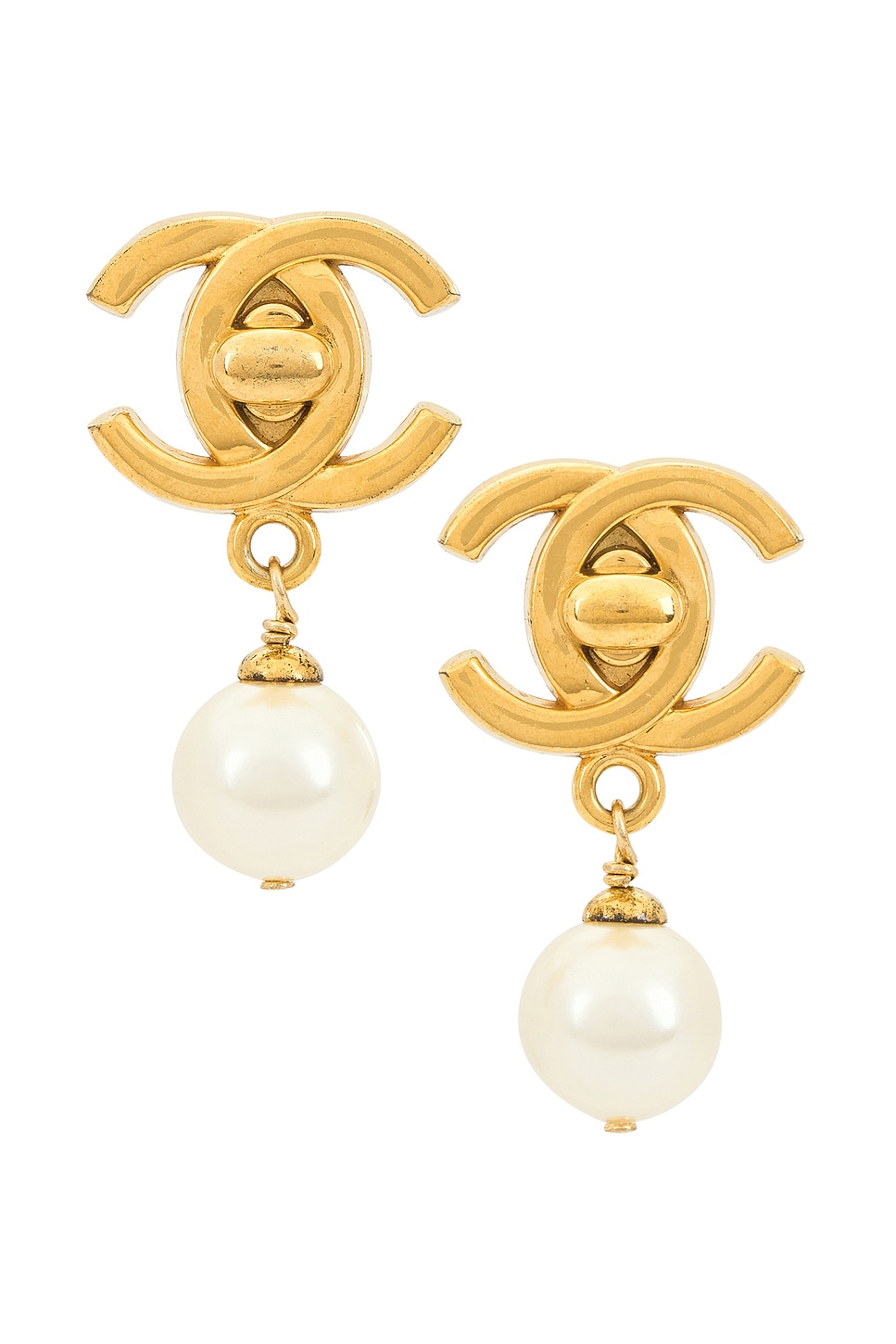 Image 1 of FWRD Renew Chanel Pearl Turnlock Clip-On Earrings in Gold