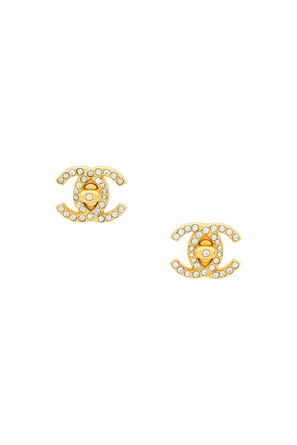 Pre-owned Chanel Coco Mark Turnlock Rhinestone Clip-on Earrings In Gold