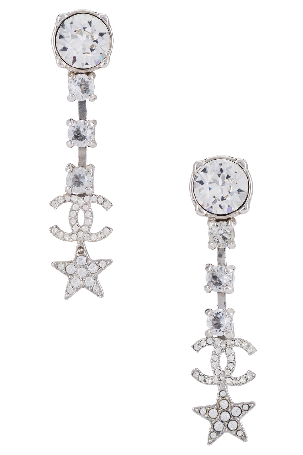 Image 1 of FWRD Renew Chanel Coco Mark Rhinestone Star Dangle Earrings in Silver