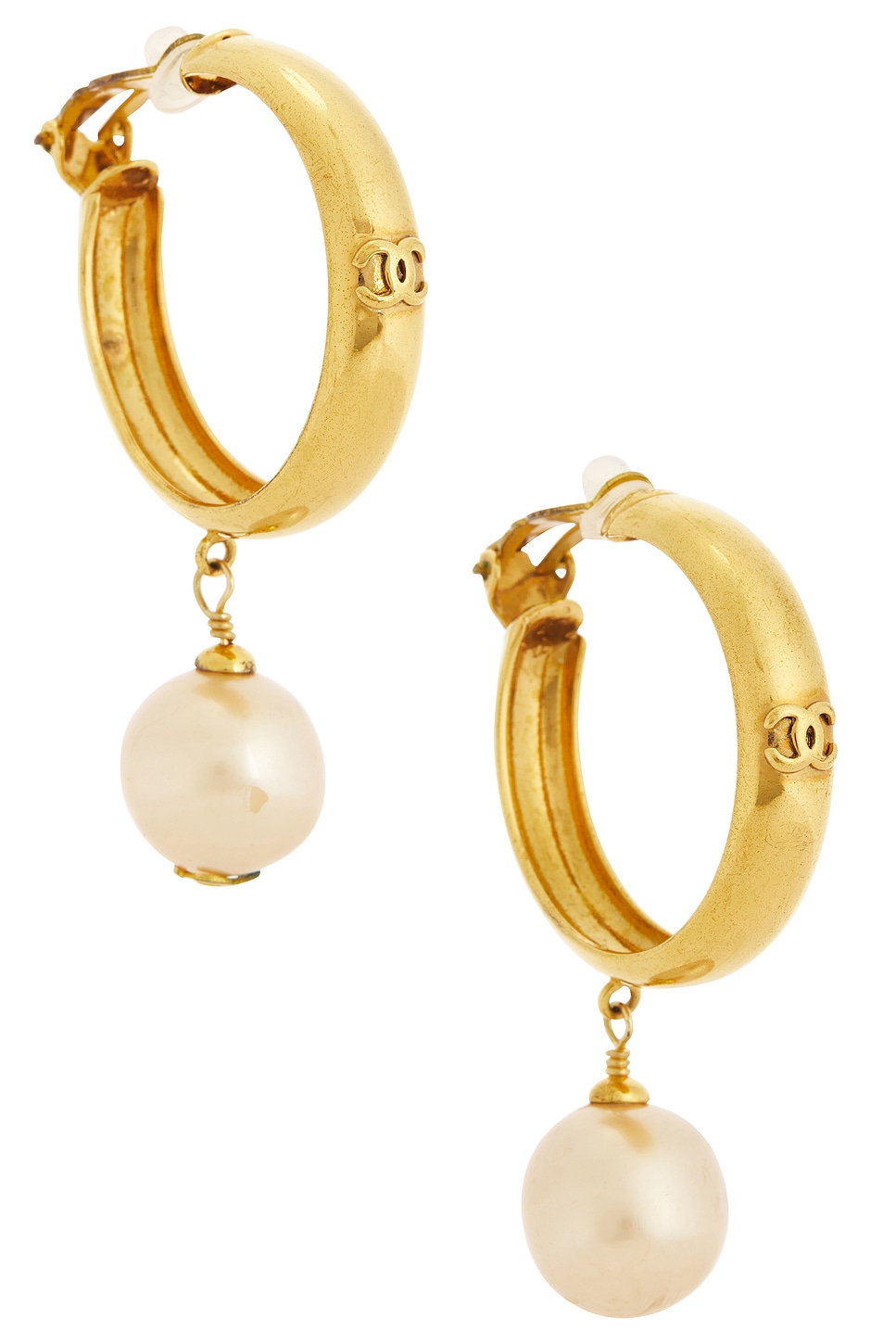 Image 1 of FWRD Renew Chanel 1990 CC Pearl Clip-On Hoop Earrings in Gold