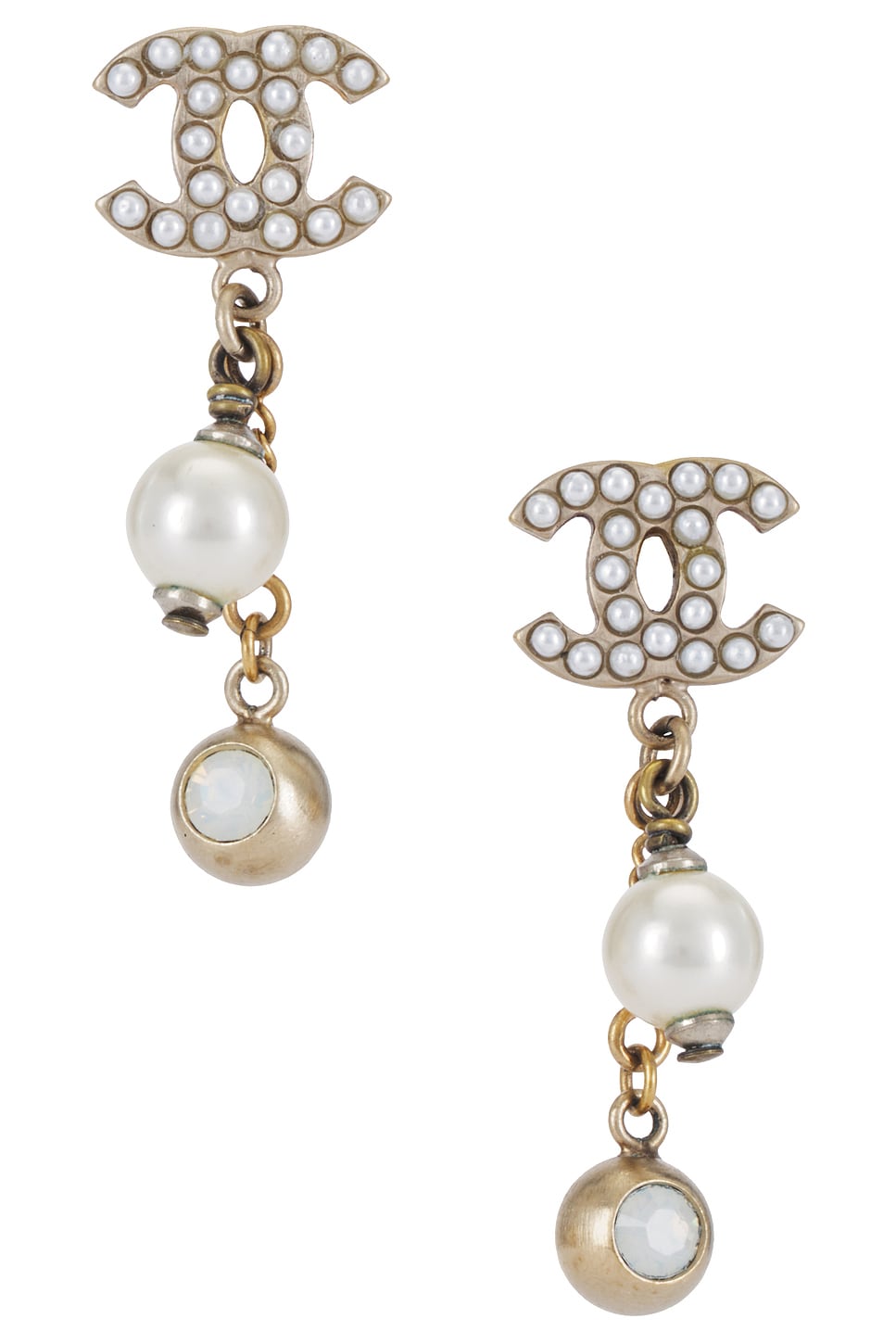 Coco Mark Rhinestone Pearl Dangle Earrings in Metallic Gold