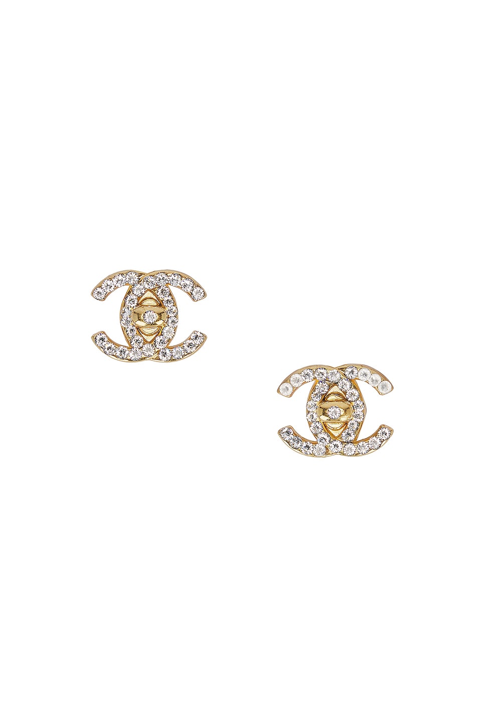 Image 1 of FWRD Renew Chanel CC Rhinestone Turnlock Clip On Earrings in Gold