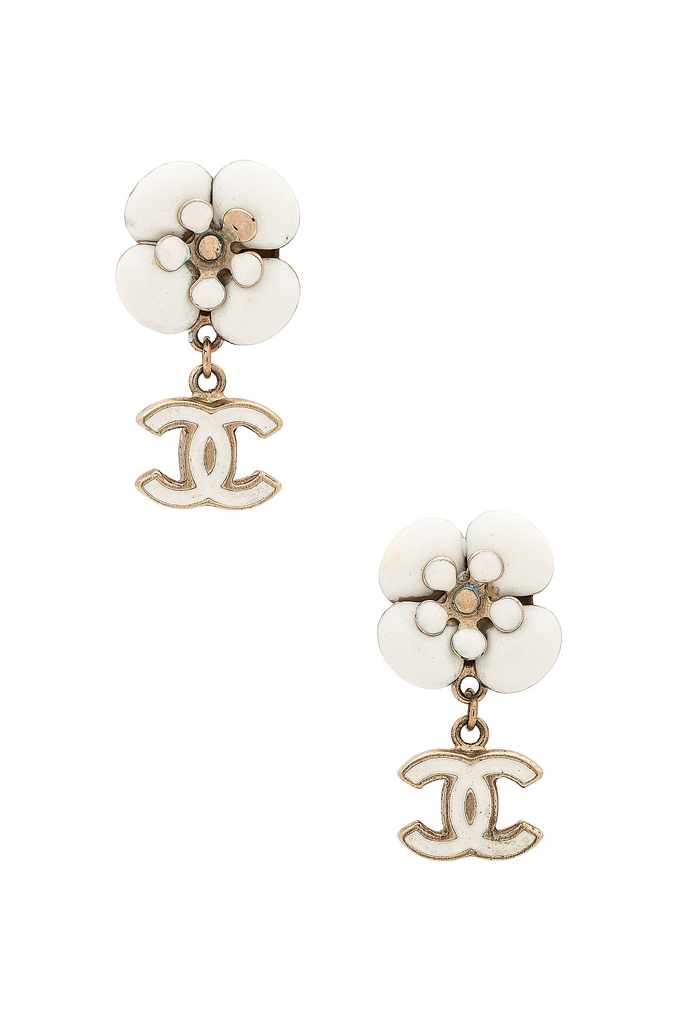 Image 1 of FWRD Renew Chanel Coco Mark Camellia Swing Earrings in Cream