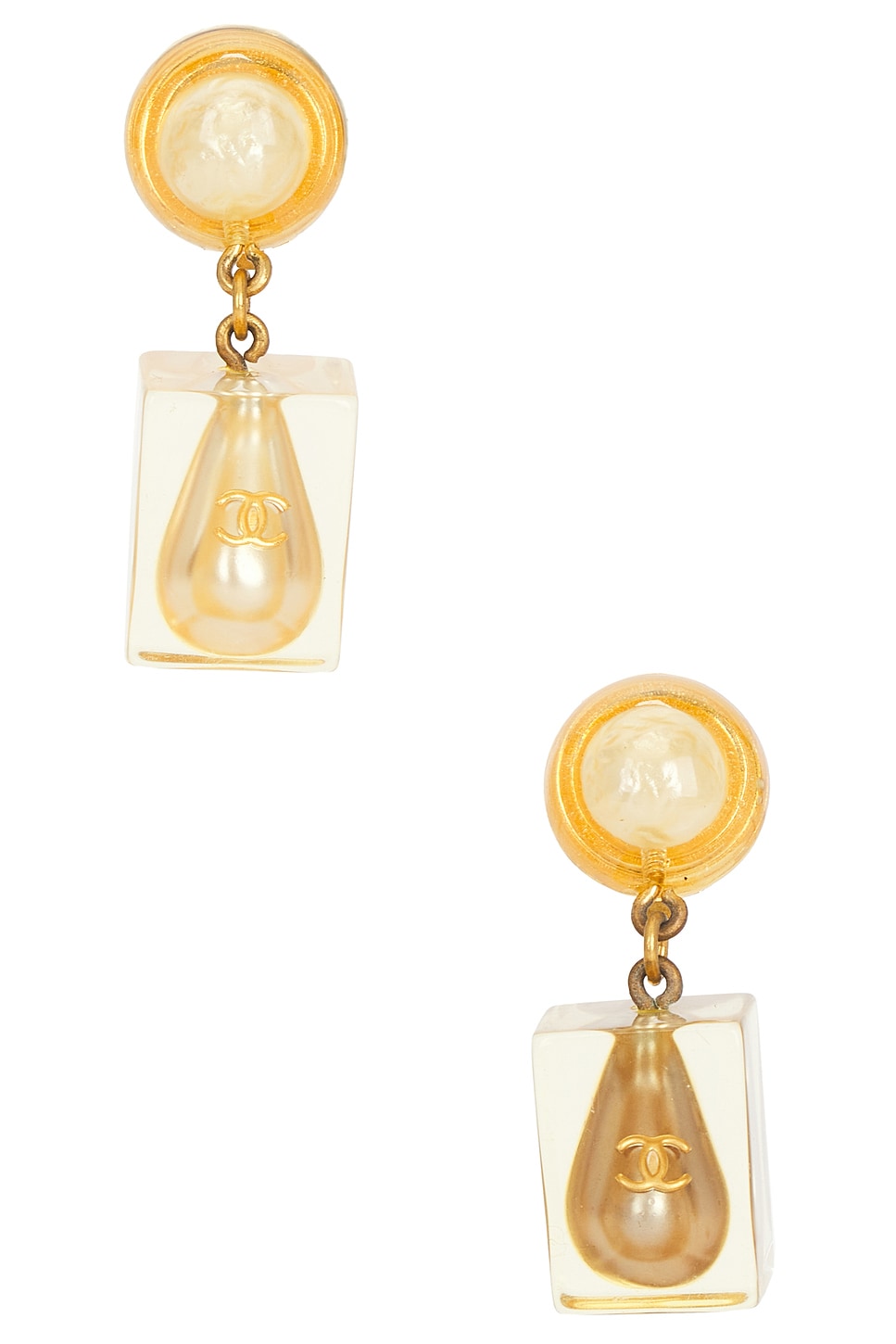 Image 1 of FWRD Renew Chanel 1997 Lucite Ice Cube Pearl Drop Earrings in Gold