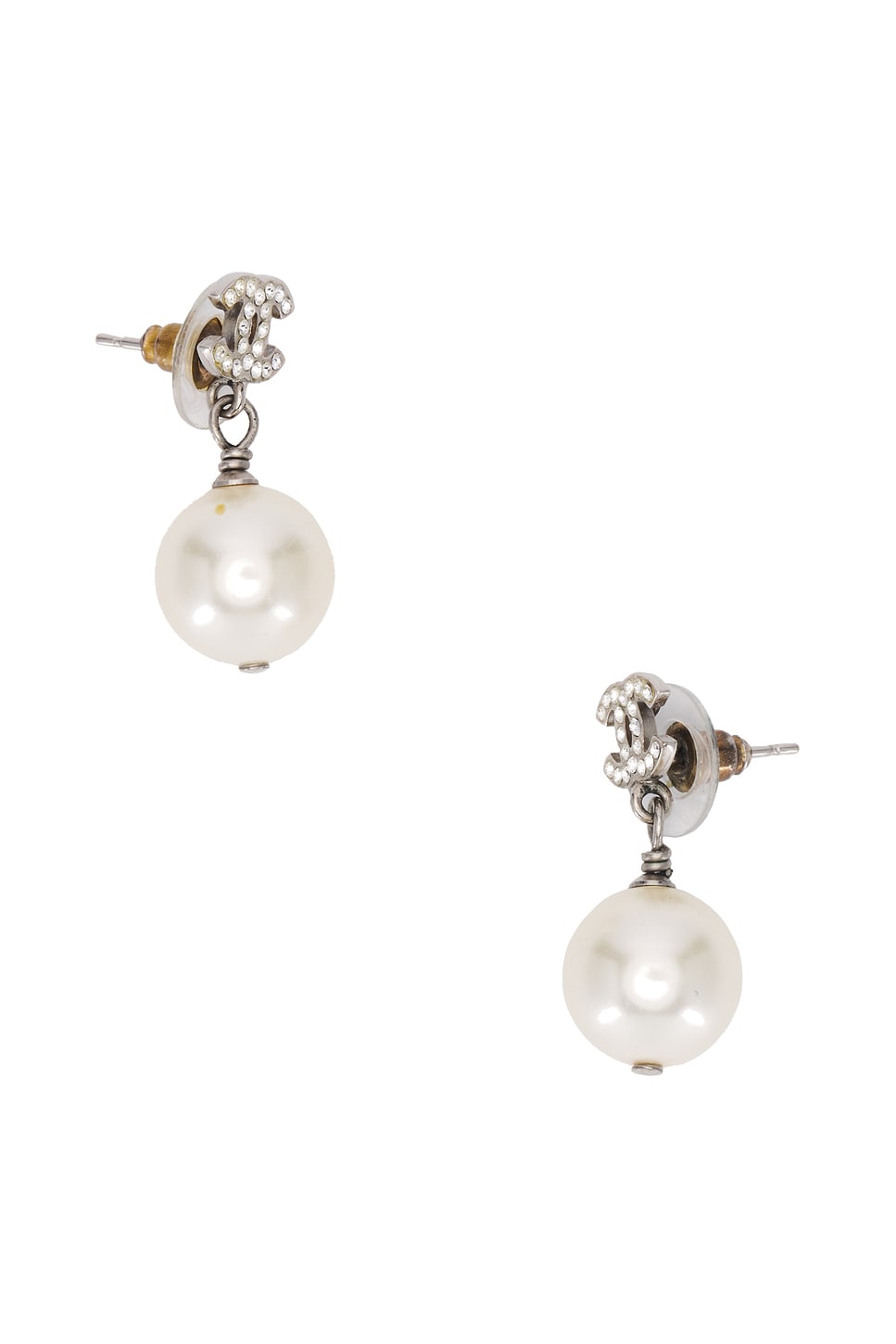 Image 1 of FWRD Renew Chanel CC Rhinestone Pearl Earrings in Gold