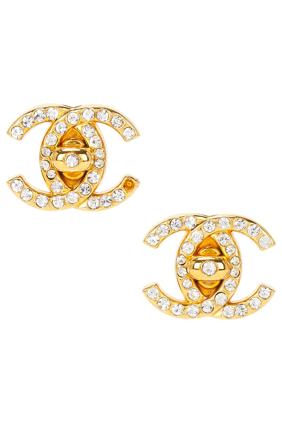 Pre-owned Chanel 1996 Cc Rhinestone Turnlock Clip-on Earrings In Gold