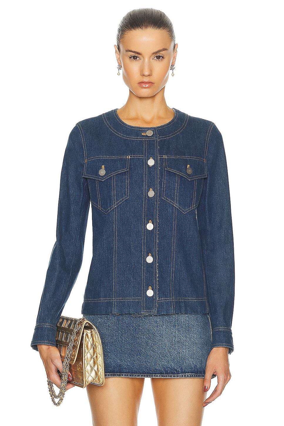 Image 1 of FWRD Renew Chanel Denim Coco Button Jacket in Blue