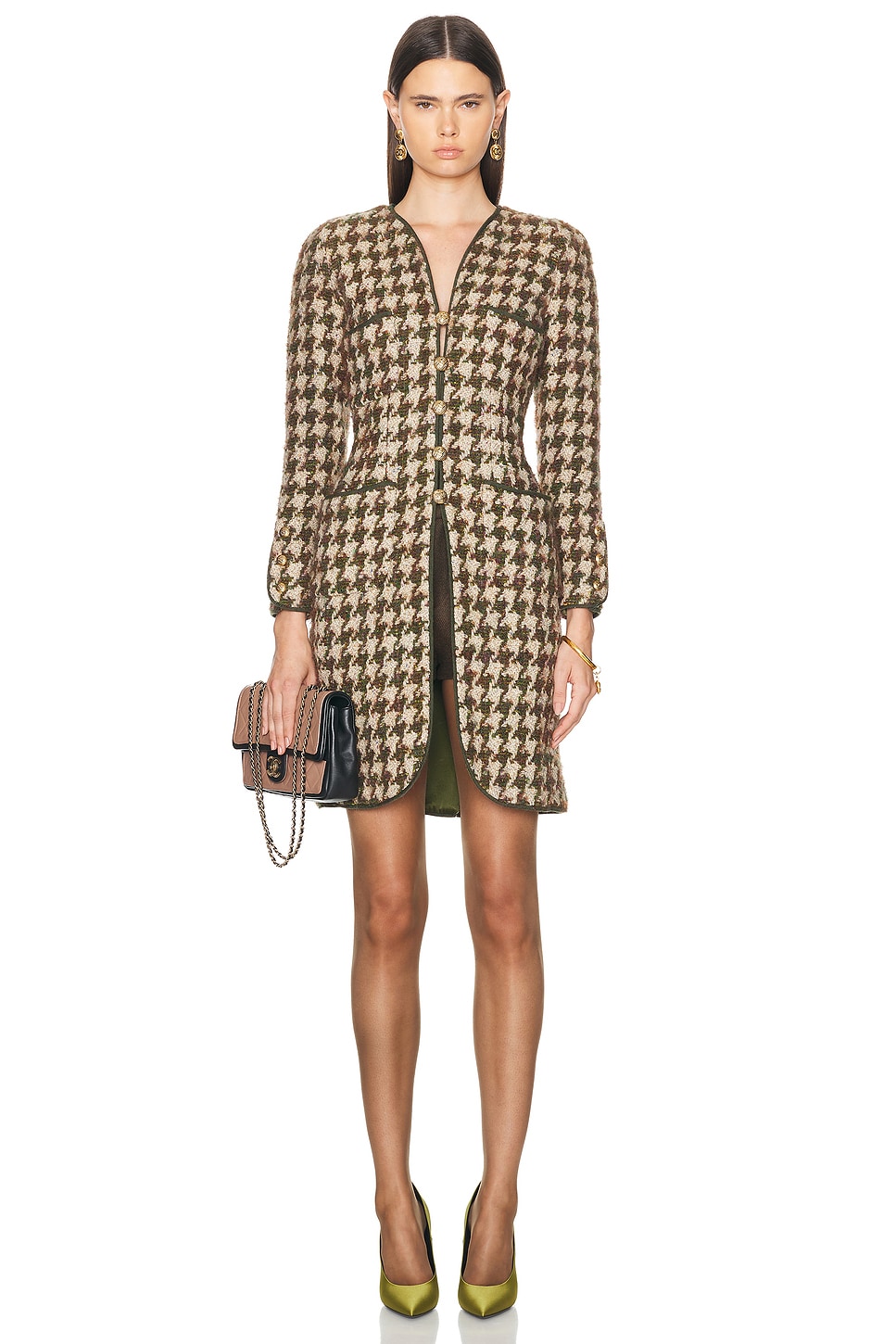 Image 1 of FWRD Renew Chanel Houndstooth Coat in Brown