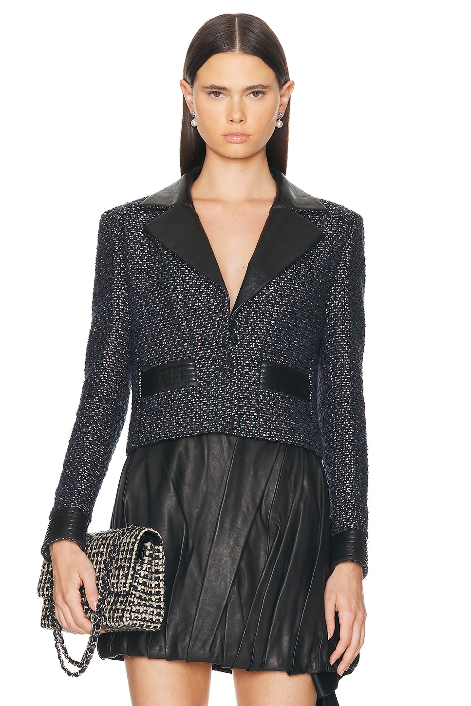 Image 1 of FWRD Renew Chanel Tweed Lambskin Jacket in Black