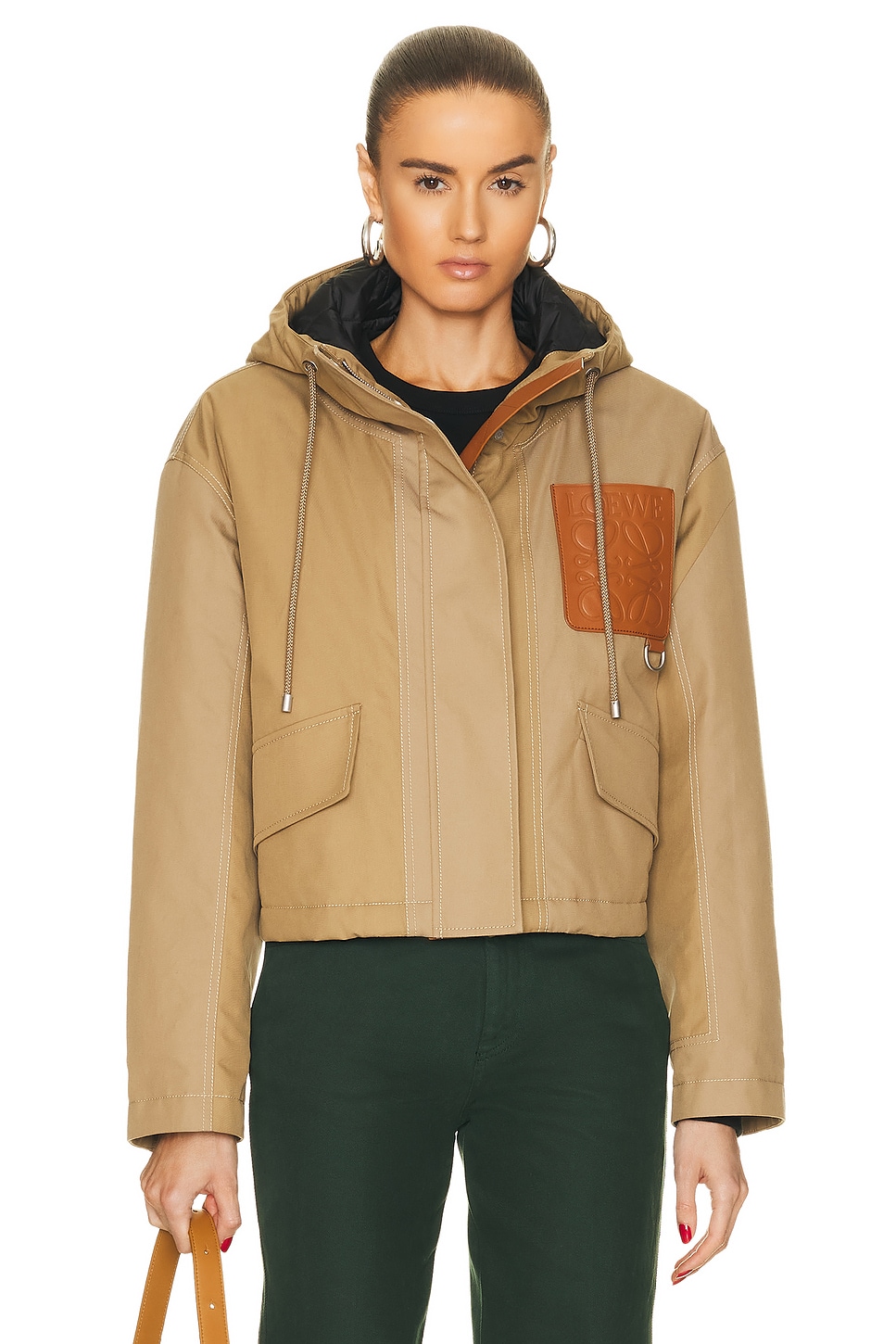 Image 1 of FWRD Renew Loewe Short Hooded Parka in Beige & Chestnut