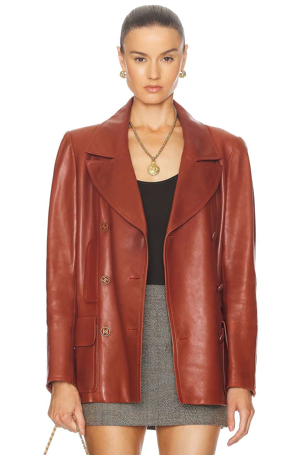 Image 1 of FWRD Renew Chanel Leather Jacket in Brown