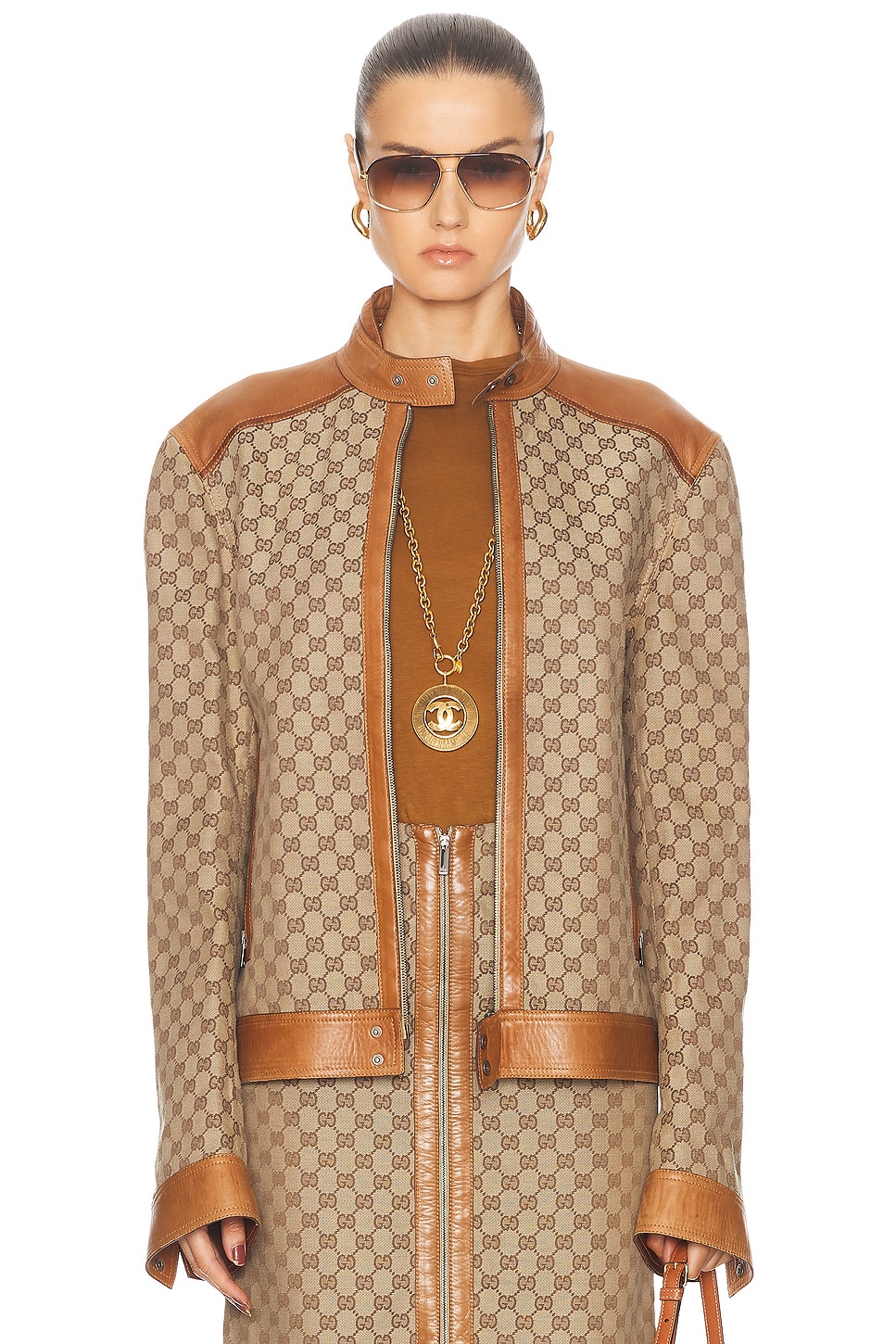 Image 1 of FWRD Renew Gucci GG Moto Jacket in Beige