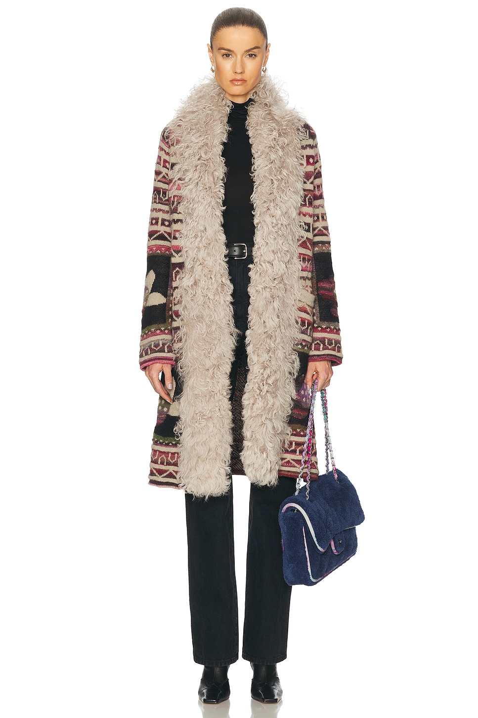 Vintage Printed Fur Trimmed Coat in Beige