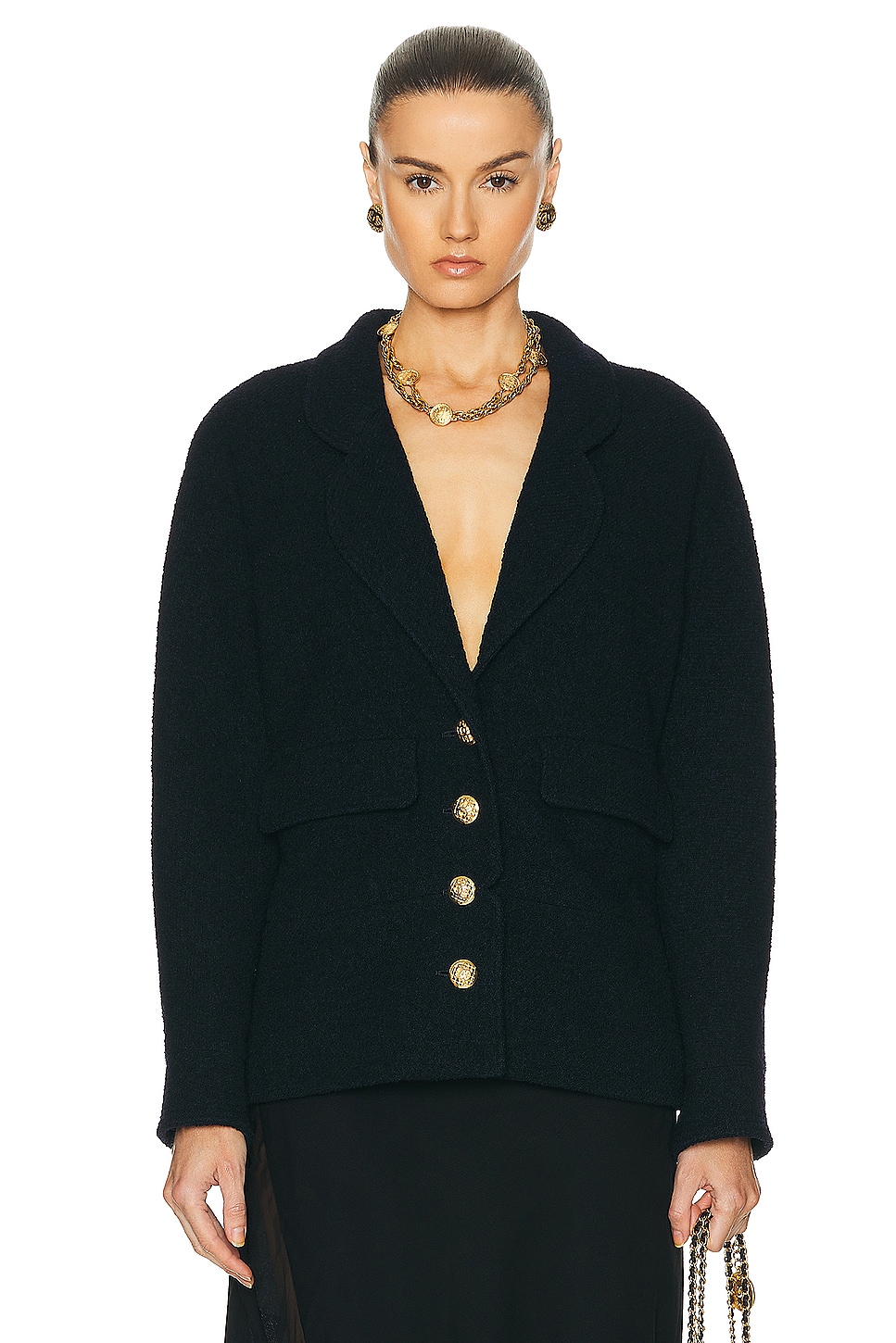 Image 1 of FWRD Renew Chanel Coco Gold Button Tweed Jacket in Black