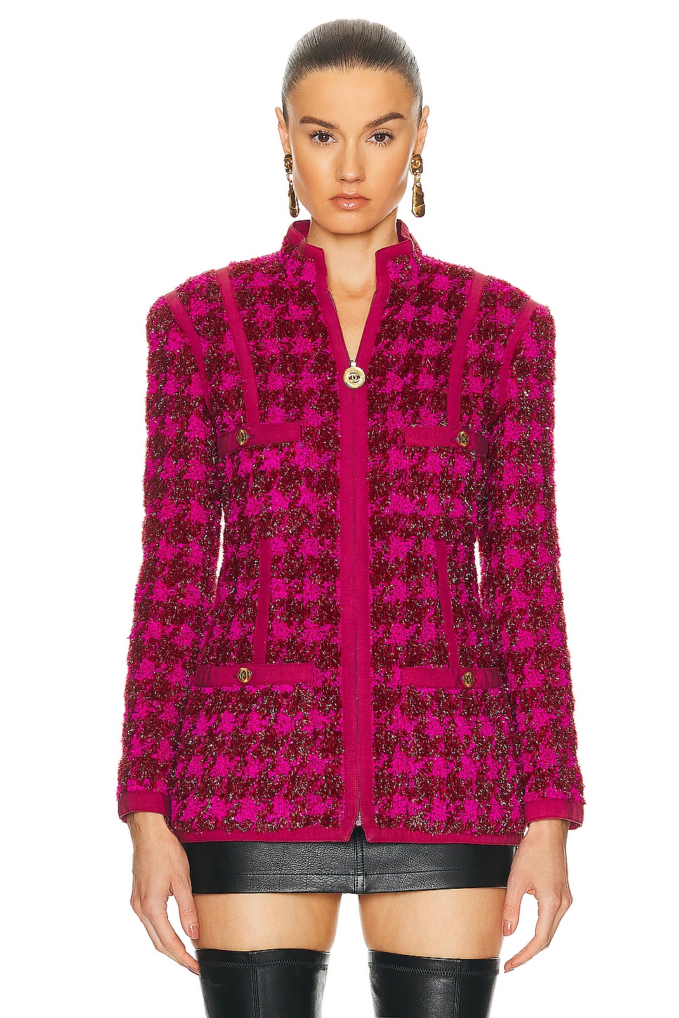 Image 1 of FWRD Renew Chanel Shimmer Houndstooth Tweed Jacket in Pink