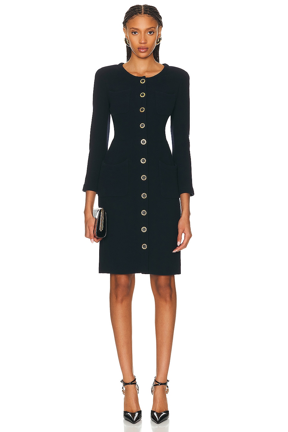 Image 1 of FWRD Renew Chanel Tweed Button Dress in Black