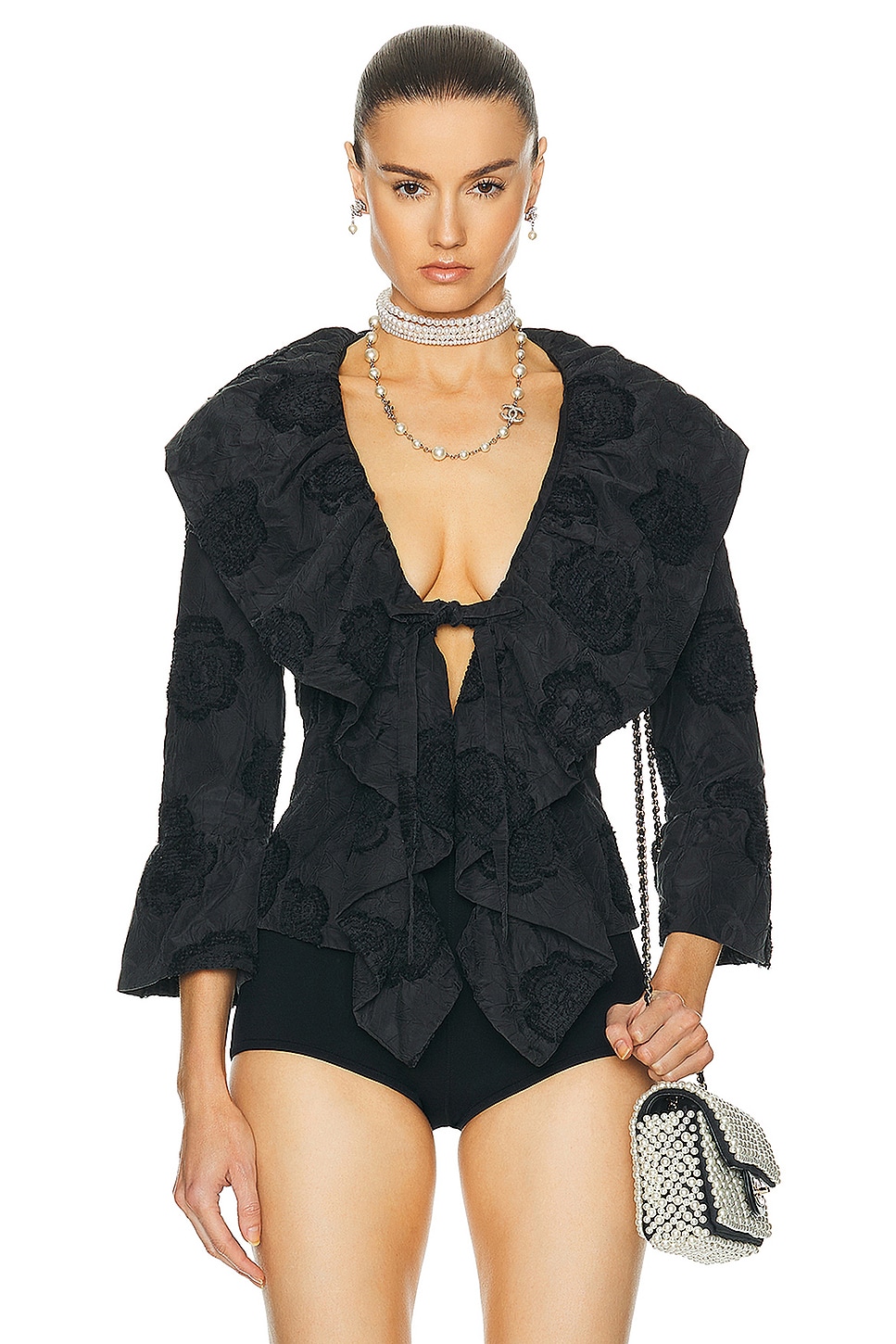 Image 1 of FWRD Renew Chanel Ruffle Silk Jacket in Black