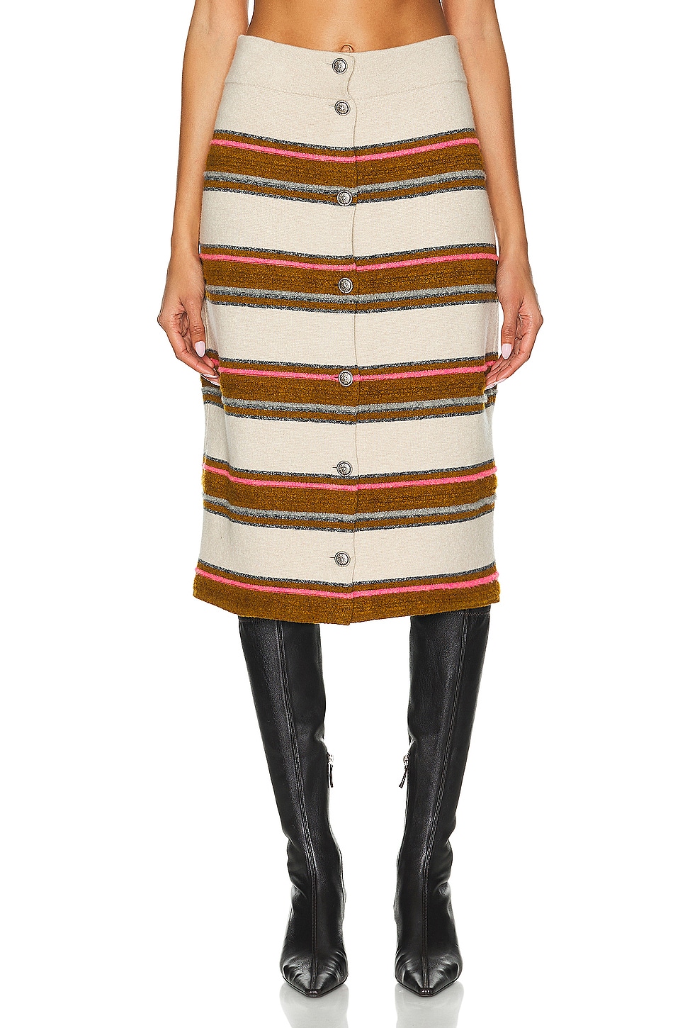 Image 1 of FWRD Renew Chanel Striped Knit Skirt in Beige & Brown