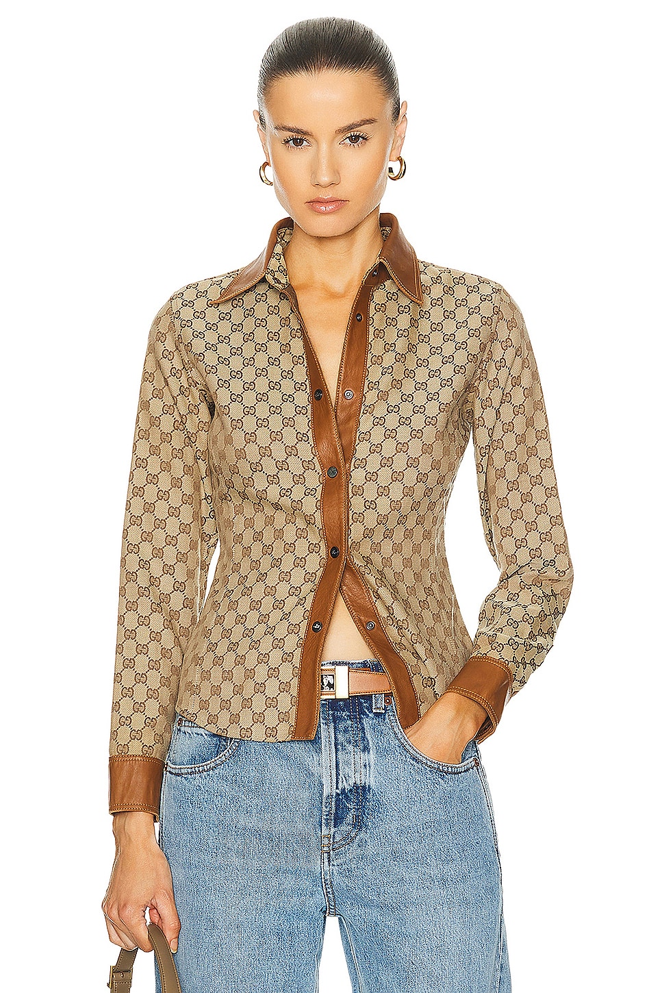 Image 1 of FWRD Renew Gucci Tom Ford GG Monogram Button Down Shirt in Beige