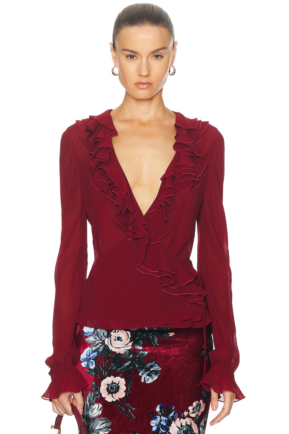 Image 1 of FWRD Renew Dior Silk Wrap Top in Burgundy