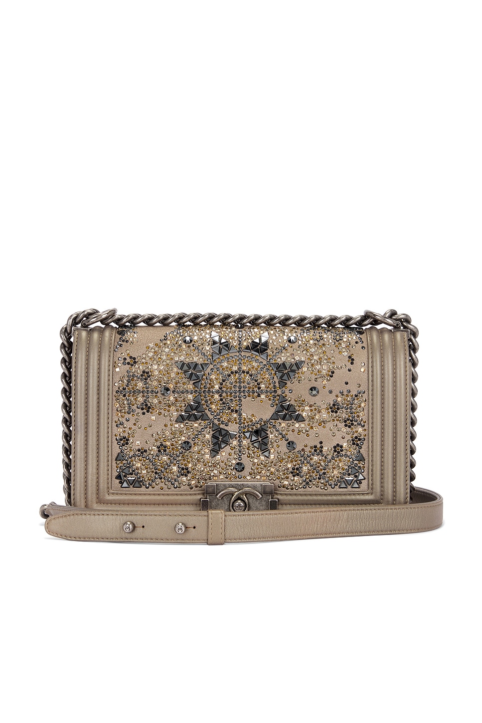 Pre-owned Chanel Boy Rhinestone Chain Shoulder Bag In Grey
