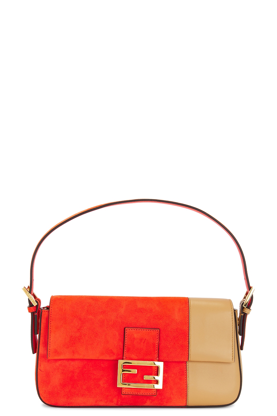 Fendi Baguette Suede & Leather Shoulder Bag In Orange & Beige