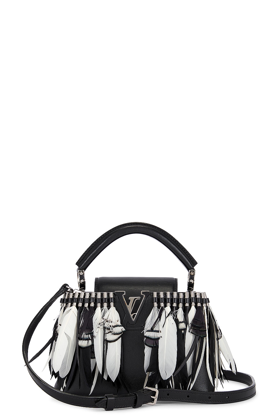 Feather Capucines BB Handbag in Black