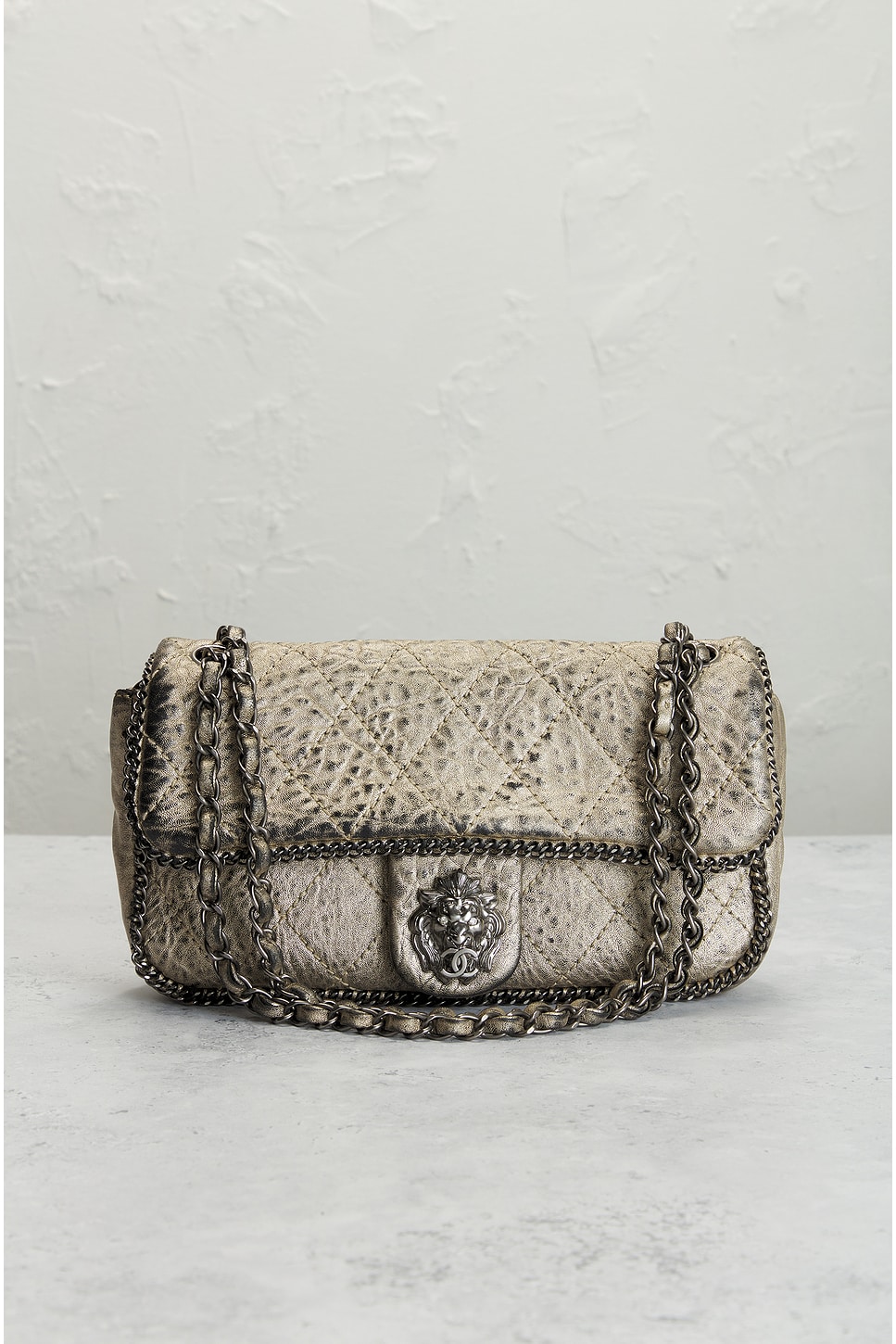 Pre-owned Chanel Lion Chain Flap Shoulder Bag In Grey