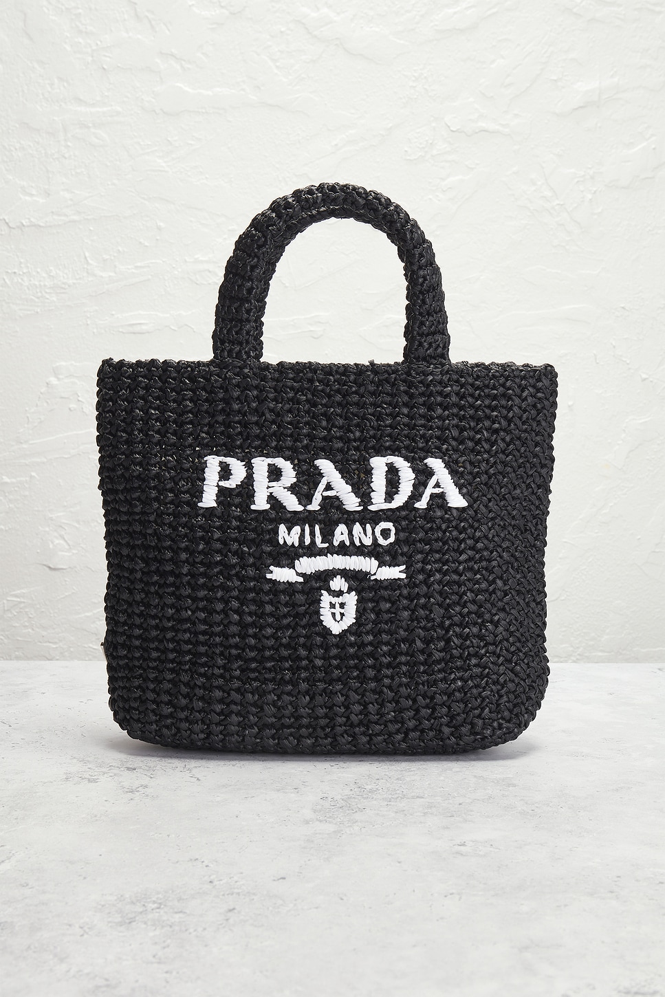 Shop Prada Crocheted Raffia Tote Bag In Black