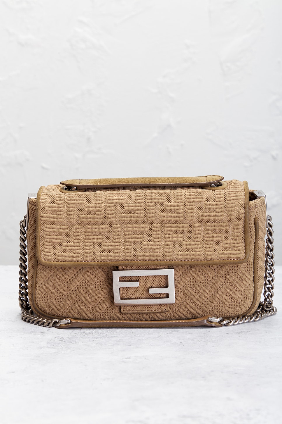 Shop Fendi Midi Chain Baguette Shoulder Bag In Taupe