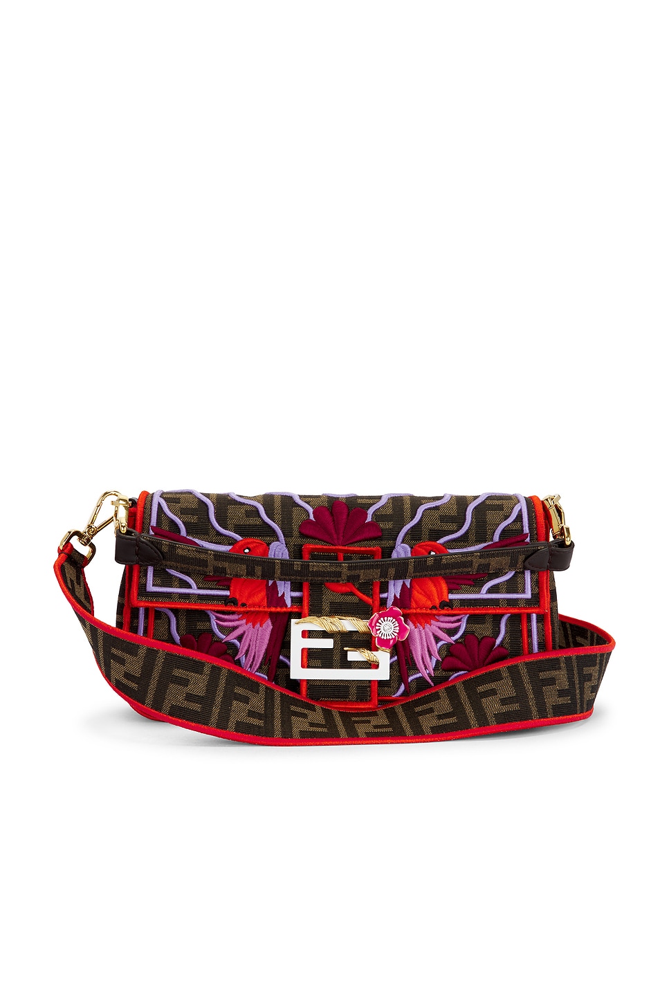 fendi Fendi FF Bird Embroidered Baguette Shoulder Bag