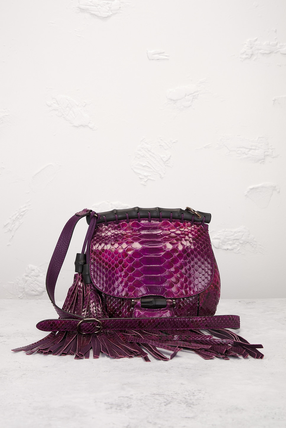 Pre-owned Gucci Python Nouveau Fringe Shoulder Bag In Purple