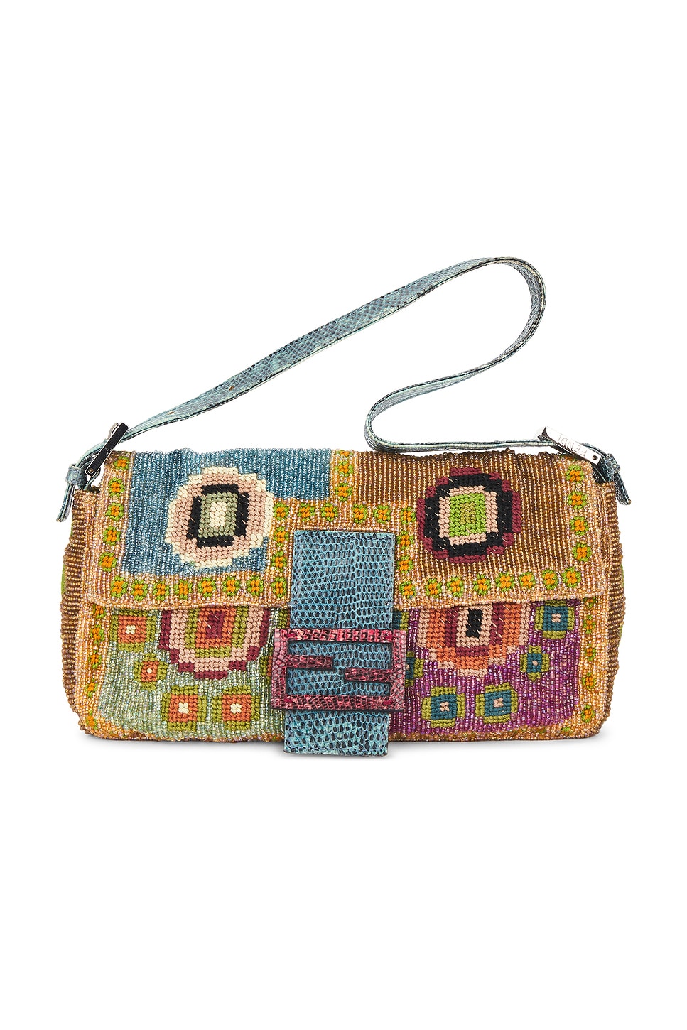 Pre-owned Fendi Lizard Trimmed Beaded Baguette Shoulder Bag In Multi