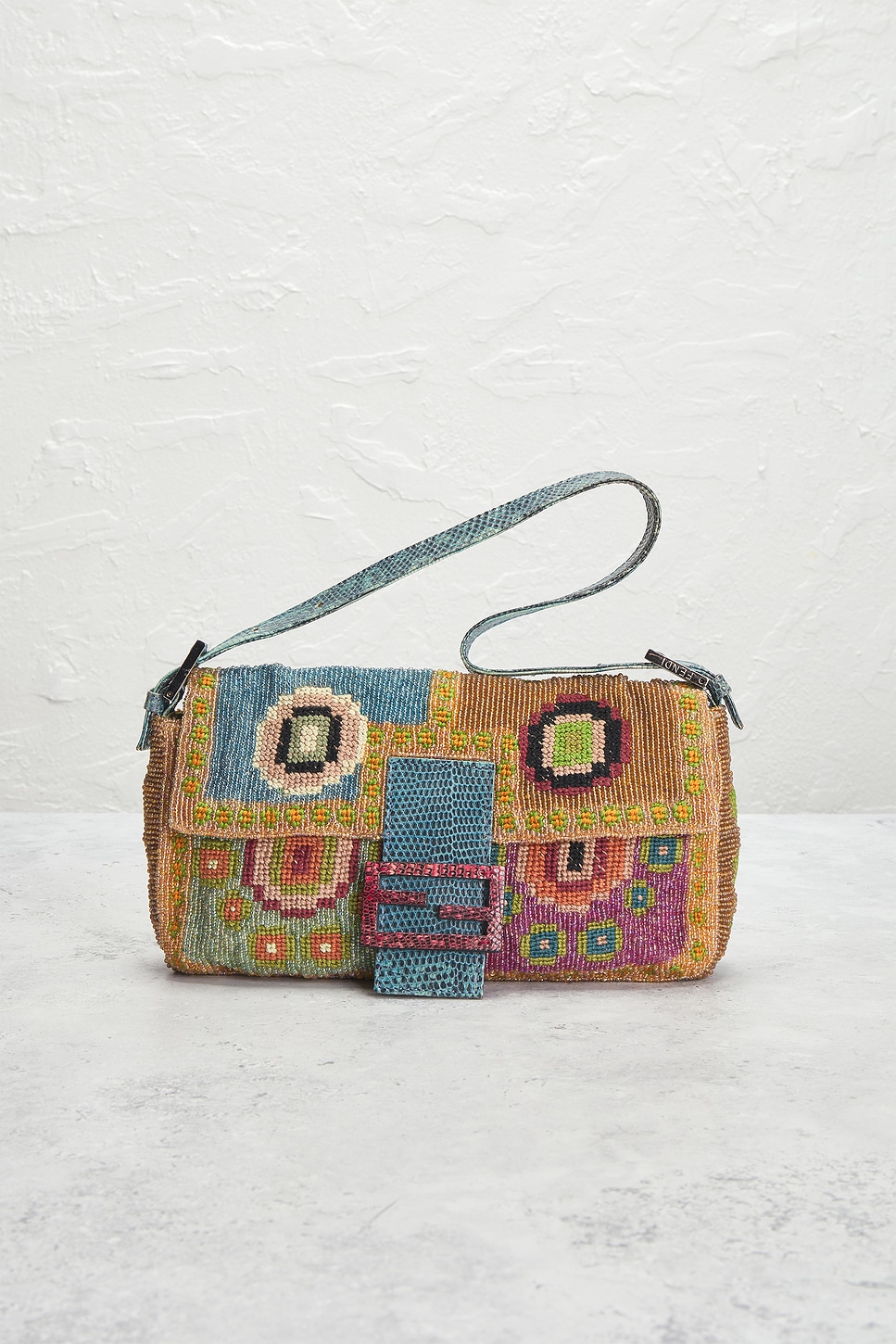 Pre-owned Fendi Lizard Trimmed Beaded Baguette Shoulder Bag In Multi